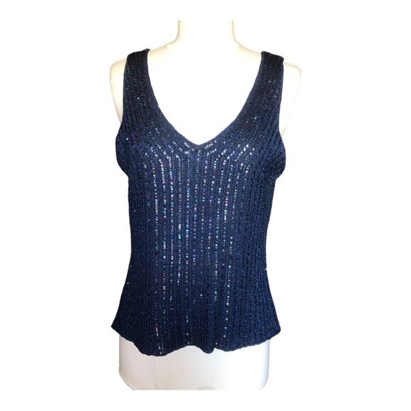 Sigrid Olsen Women’s Double V-neck Sequin Navy Blue Special Occasion Tank Med - Picture 2 of 11